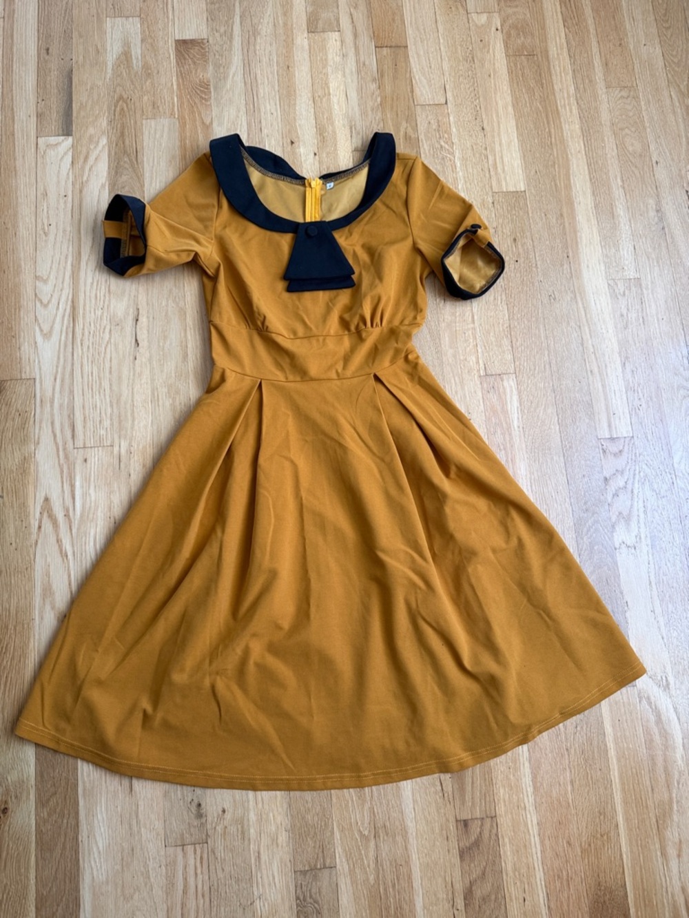 Mustard Fit-and-Flare Dress with Black Trim